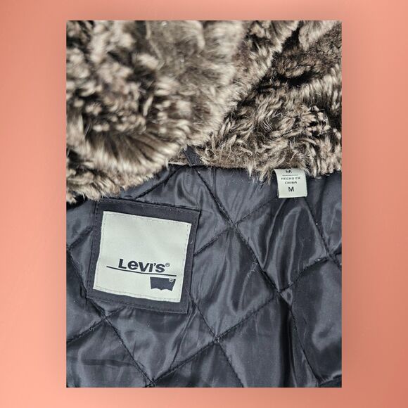 Levi's Black Arctic Cloth Parka Hooded Jacket w/ Hood Faux Fur Medium - Picture 8 of 13